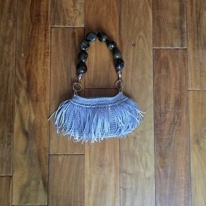 Fringed Gray Handbag with Beaded Handle